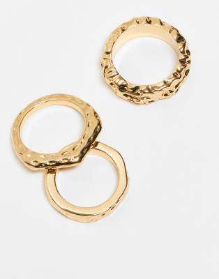 Asos Design 14k Gold Plated Pack Of 3 Rings With Molten Designs