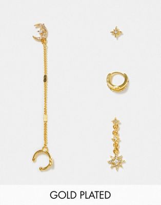 ASOS DESIGN 14k gold plated pack of 4 earring party in celestial design - ASOS Price Checker