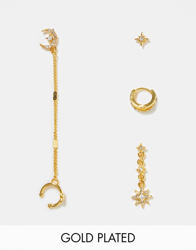 ASOS DESIGN 14k gold plated pack of 4 earring party in celestial design