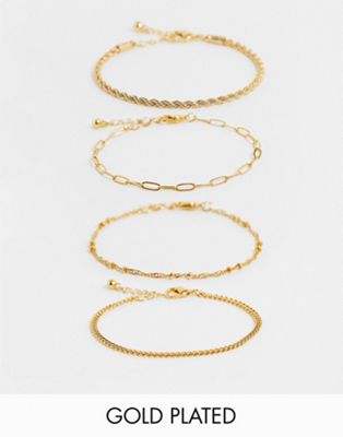 ASOS DESIGN 14k gold plated pack of 4 fine chain bracelets