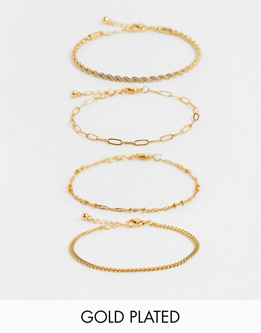 Asos Design 14K Gold Plated Pack Of 4 Fine Chain Bracelets