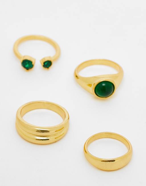 ASOS DESIGN 14k gold plated pack of 4 rings with set stones in gold tone, 4 of 4