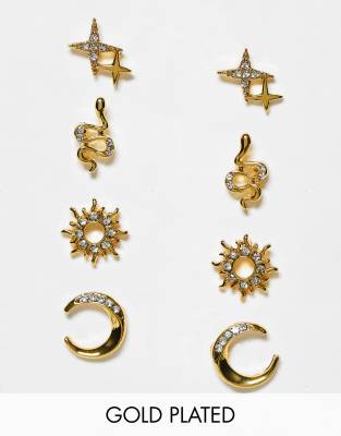 ASOS DESIGN 14k gold plated pack of 4 studs in celestial design