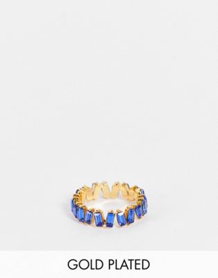 ASOS DESIGN 14k gold plated ring with baguette crystals in blue