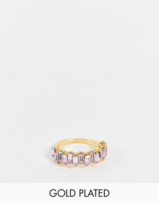 ASOS DESIGN 14k gold plated ring with baguette pink crystals