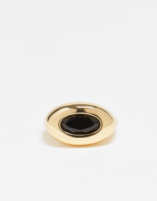 Asos Design 14k Gold Plated Ring With Black Stone Detail