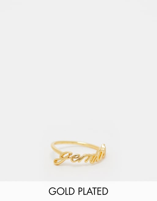 ASOS DESIGN 14k gold plated ring with Gemini zodiac with gift bag