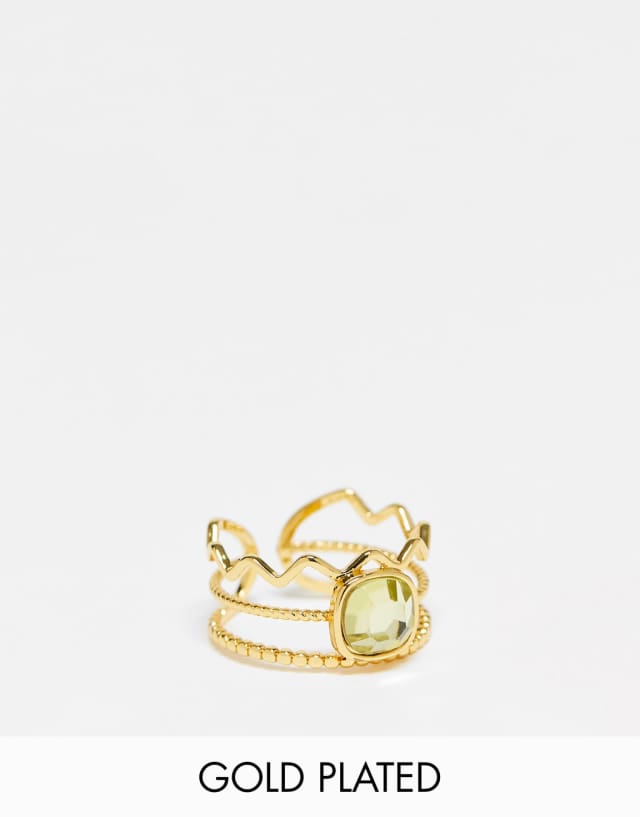 ASOS DESIGN - 14k gold plated ring with multi bands and green crystal design