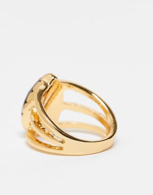 Asos Design 14k Gold Plated Ring With Real Tigers Eye Semi Precious Stone