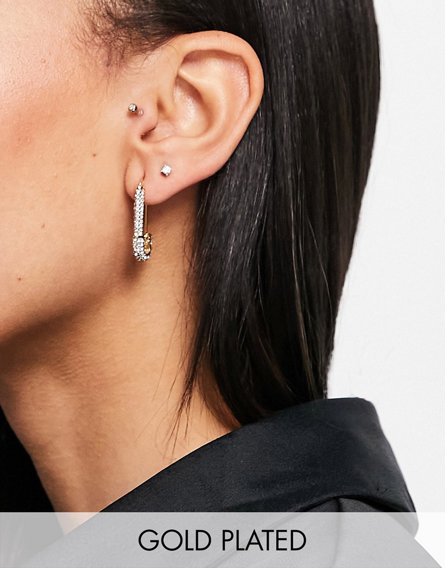 ASOS DESIGN 14k gold plated safety pin earrings with crystal