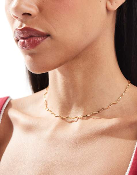 ASOS DESIGN 14k gold plated short necklace with wave design in gold tone - view 1