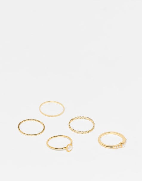 ASOS DESIGN 14k plated gold pack of 5 rings with faux pearls - view 1