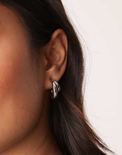 ASOS DESIGN 14k plated multirow hoop earrings in silver tone - view 1
