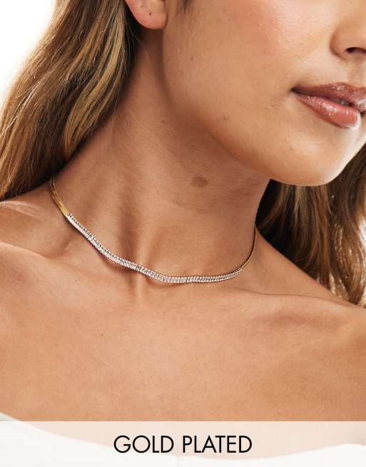 ASOS DESIGN - 14k vergulde korte ketting met platte schakels en zirkonia kristallen in goudkleur
