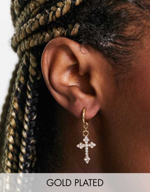 ASOS DESIGN - 14k vergulde oorbellen met kruishangertjes met kristallen
