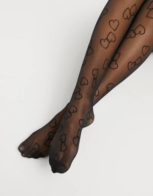 Asos Design 15 Denier Heart Print Tights In Black Asos