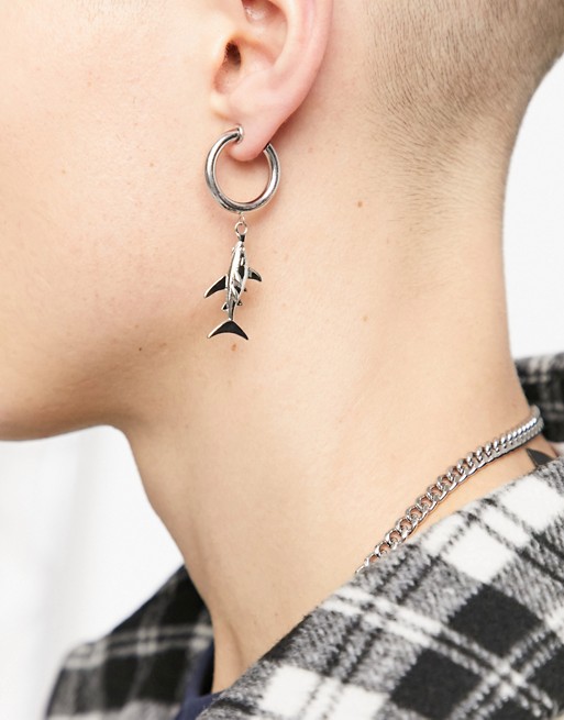 ASOS DESIGN 16mm faux earring with shark charm in silver tone