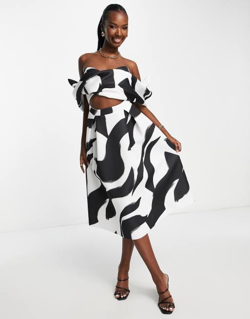 ASOS DESIGN – 2-częściowa sukienka midi na bal maturalny w falisty czarno-biały wzór