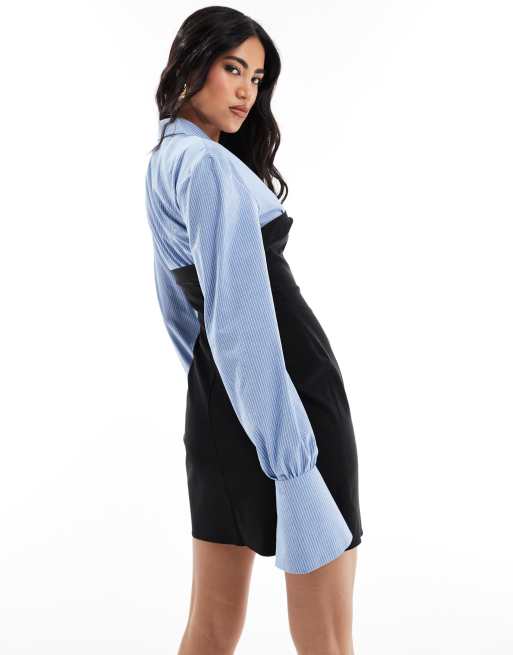 ASOS DESIGN - 2-i-1-minikjole med bandeau-snit og blå skjortedetalje med striber i bengalin, 4 af 4