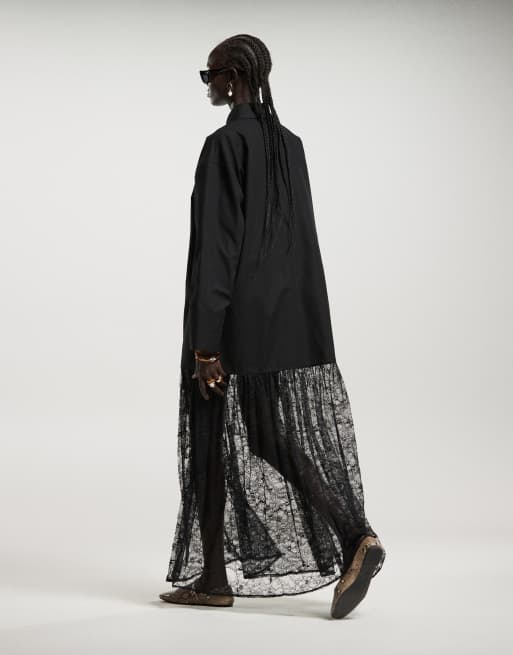 ASOS DESIGN – 2-i-1 – Svart, maxilång skjortklänning med spetskjol, 2 av 4