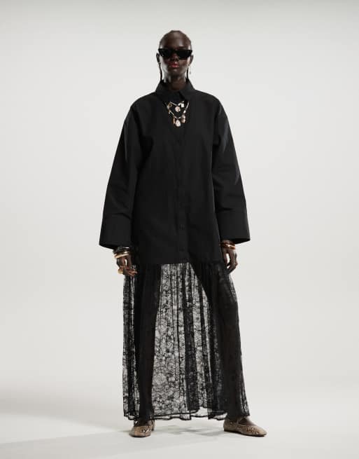 ASOS DESIGN – 2-i-1 – Svart, maxilång skjortklänning med spetskjol, 3 av 4
