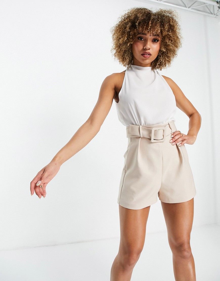 ASOS DESIGN 2 in 1 belted romper in stone and white-Neutral