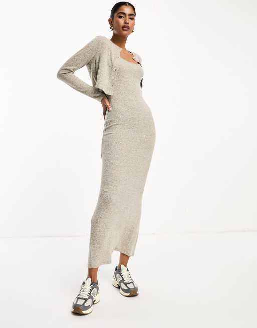 ASOS DESIGN knitted maxi jumper dress in cable in oatmeal