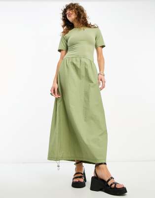 Asos Design 2 In 1 Crew Neck T-shirt Midi Dress With Cargo Skirt In Sage-green