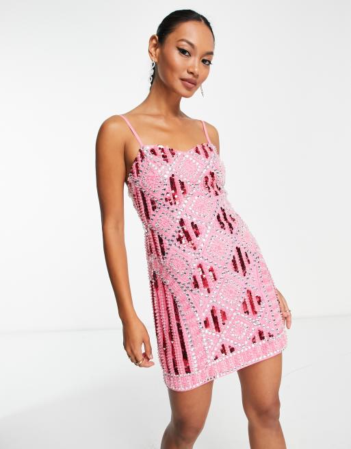 ASOS DESIGN 2 in 1 detachable embellished sequin mini dress in hot pink