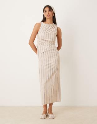 ASOS DESIGN ASOS DESIGN 2 in 1 drape midi dress with stripe bodice in stone stripe-Neutral