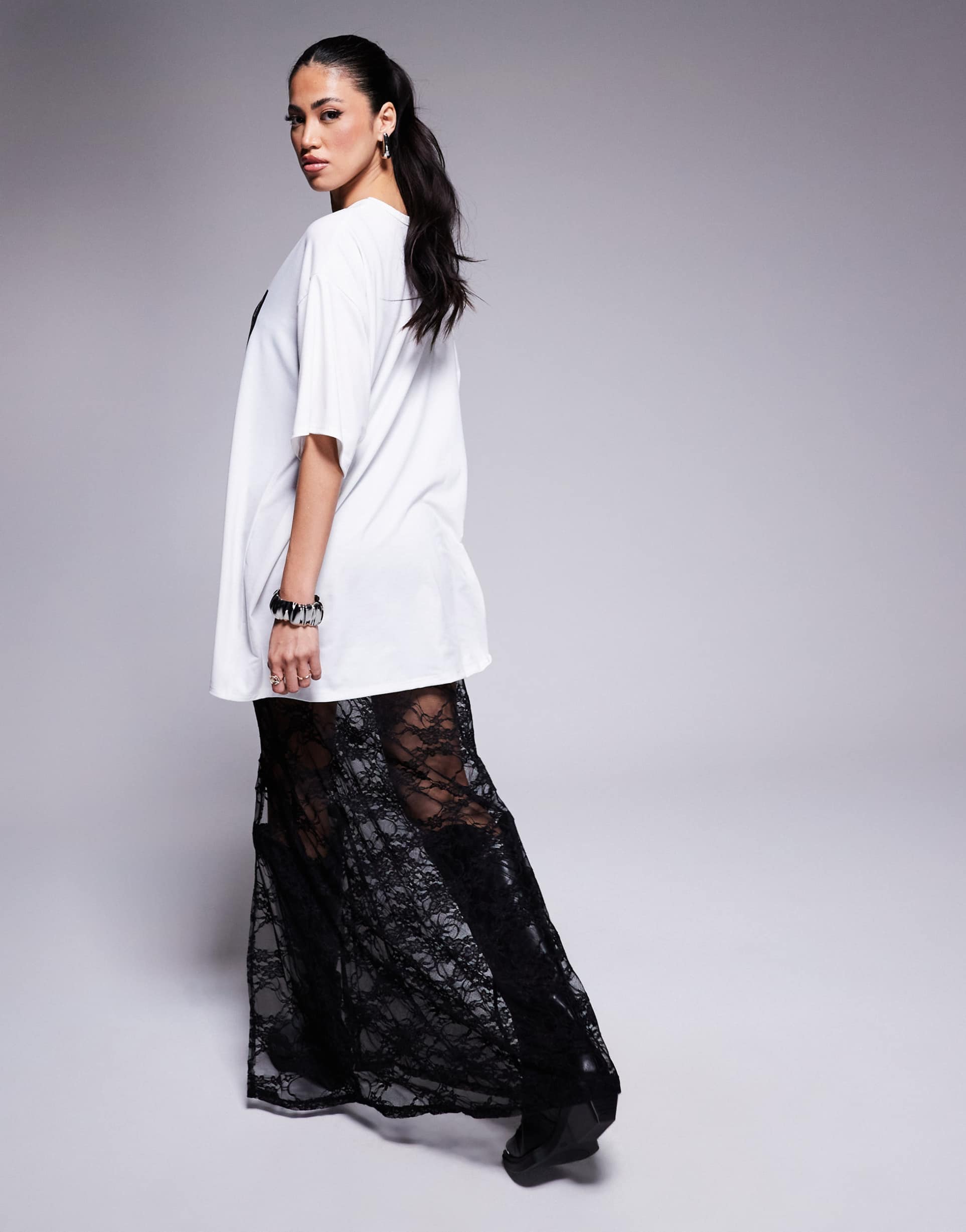 asos design 2 in 1 graphic t shirt with lace midi skirt in black