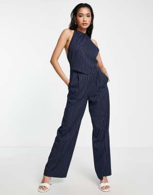 Asos Design 2 In 1 Halter Tailored Jumpsuit In Navy Pinstripe-multi