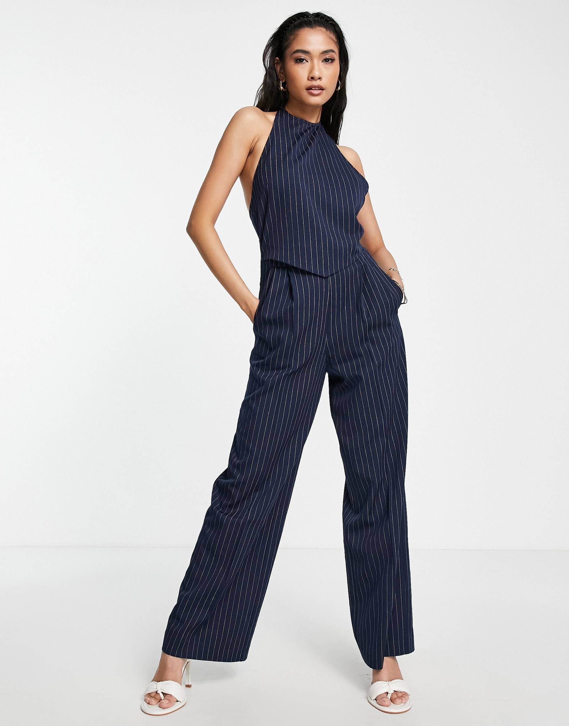 asos design 2 in 1 halter tailored jumpsuit in navy pinstripe
