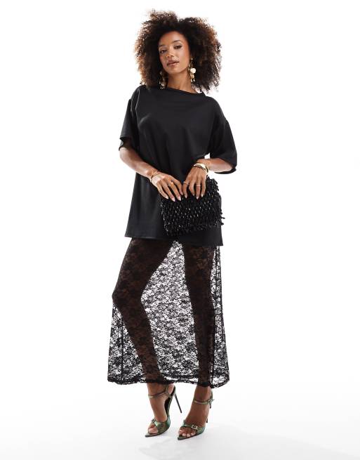 ASOS DESIGN - 2-in-1 kanten midi slipdress met camibandjes en ponte T-shirt in zwart