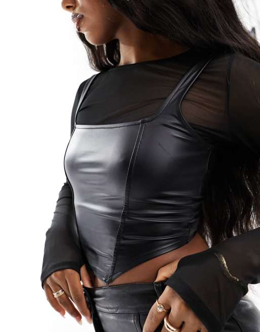 ASOS DESIGN – 2-in-1-Korsett-Oberteil mit Netzstoff- und Kunstleder-Partie in Schwarz, 4 von 4