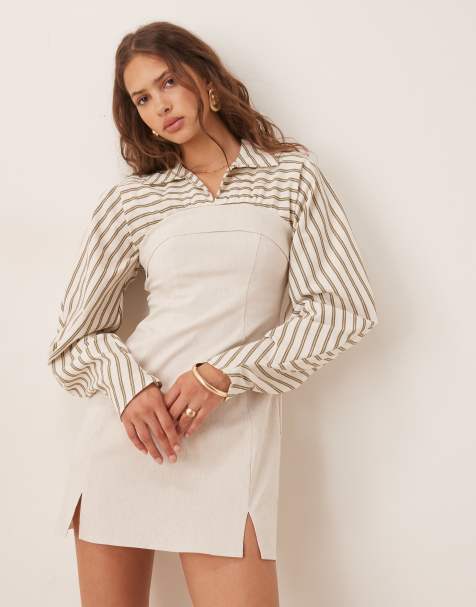ASOS DESIGN 2 in 1 linen bengaline and stripe shirt mini dress in natural - view 1