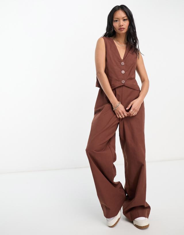 ASOS DESIGN 2 in 1 linen look vest jumpsuit in brown