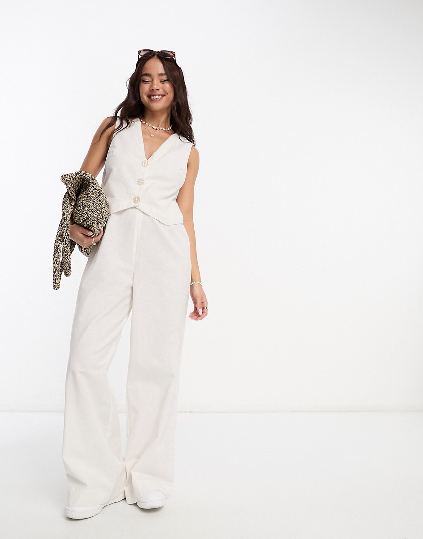 Asos Design 2 In 1 Linen Look Vest Jumpsuit In Ivory-white