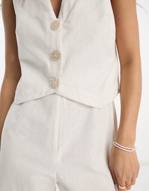 ASOS DESIGN 2 in 1 linen look waistcoat jumpsuit in ivory, 2 of 4