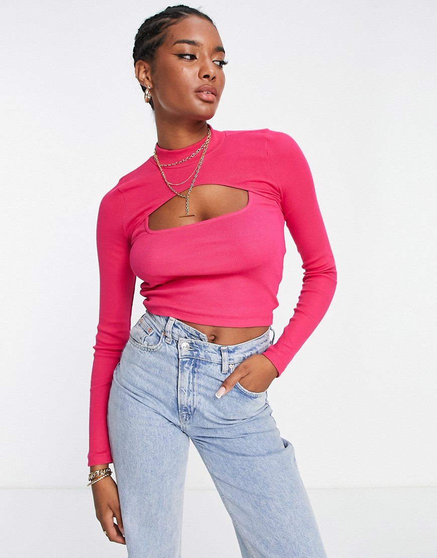 ASOS DESIGN 2 in 1 long sleeve rib top with cut out in bright pink