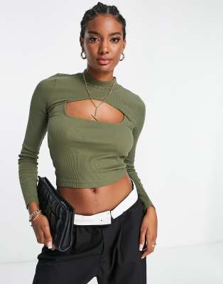 Asos Design 2 In 1 Long Sleeve Rib Top With Cut Out In Olive-green