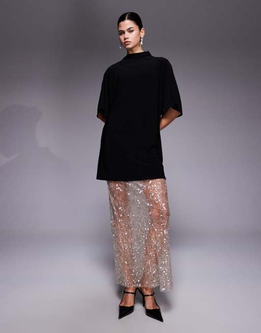 ASOS DESIGN - 2-in-1 maxi jurk met T-shirt met korte mouwen en kanten rok met lovertjes in champagnekleur