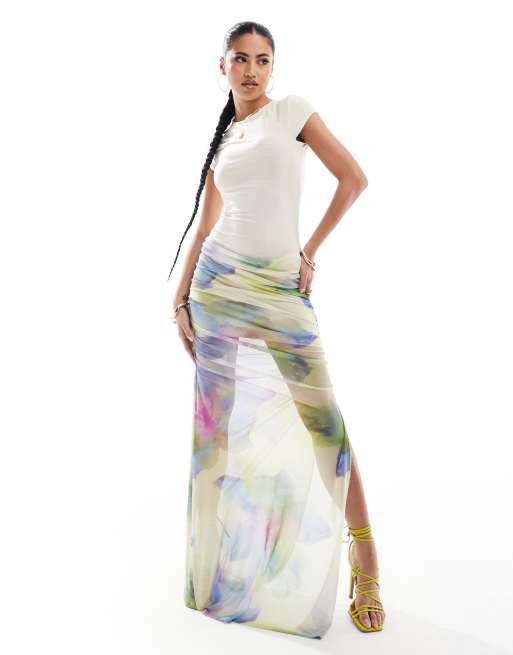 ASOS DESIGN - 2 in 1 maxi-jurk van mesh met bloemenprint in geel