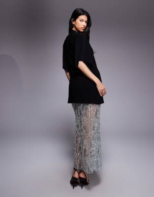 ASOS DESIGN - 2-in-1-Maxikleid in Minzgrün mit T-Shirt-Oberteil und paillettenbesetztem Spitzenrock-Bunt