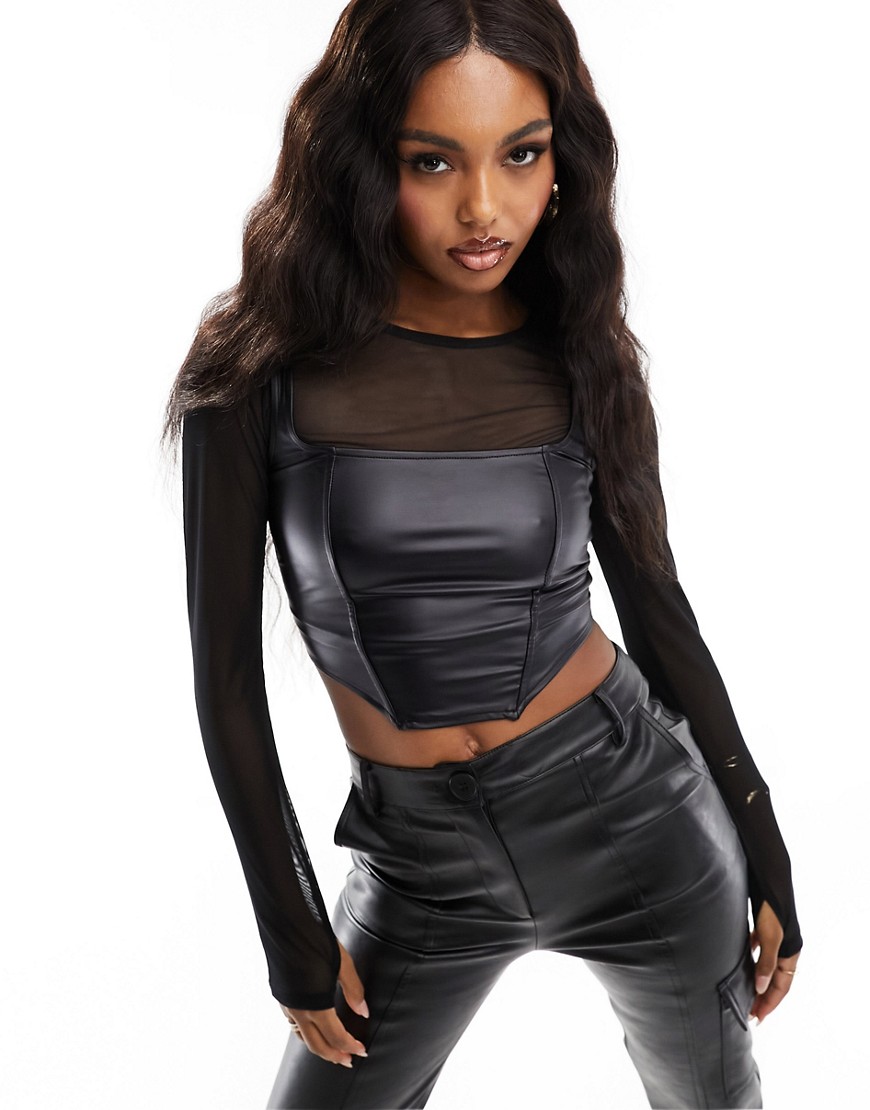 Asos Design 2 In 1 Mesh And Leather Look Corset Top In Black