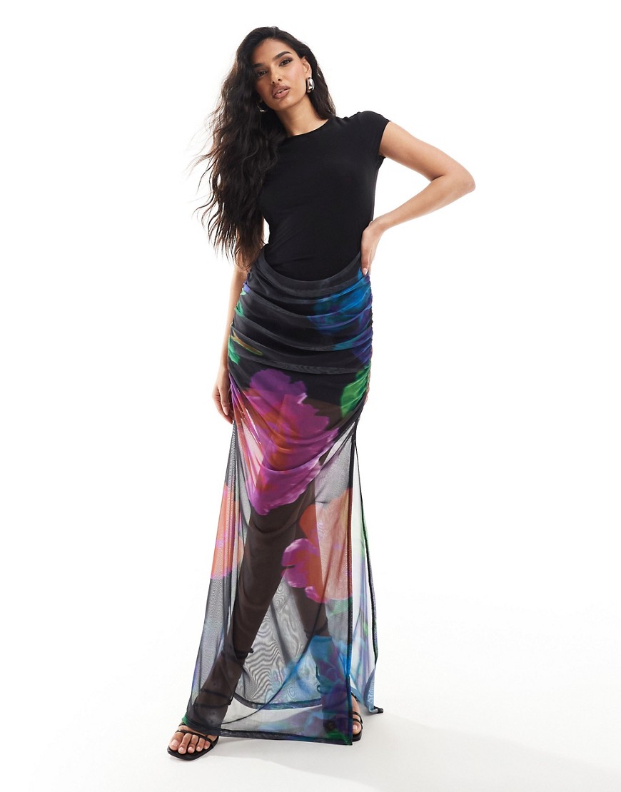 ASOS DESIGN 2 in 1 mesh maxi dress with dark floral print-Multi