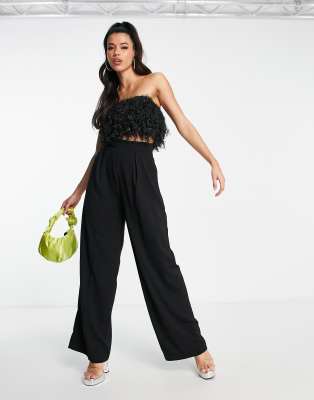 Asos Design 2 In 1 Metallic Feather Bodice Jumpsuit In Black