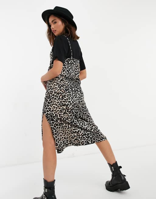 ASOS DESIGN 2 in 1 midi slip dress with rock band t shirt in leopard print