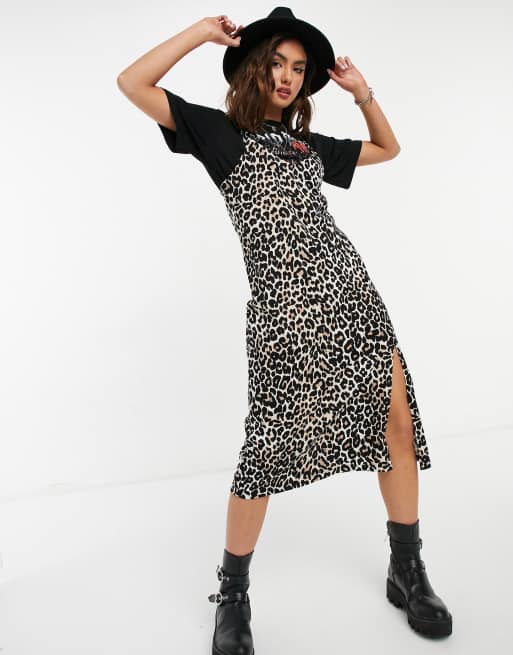 ASOS DESIGN 2 in 1 midi slip dress with rock band t shirt in leopard print