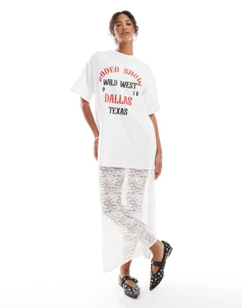 ASOS DESIGN - 2-in-1 midi T-shirtjurk van kant met grafische print in wit - view 1
